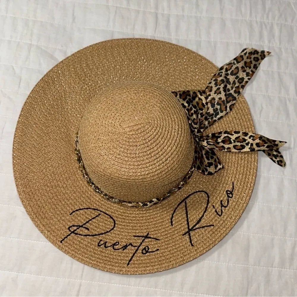 Tan Leopard Gold Tone Chain Scarf Puerto Rico Floppy Hat